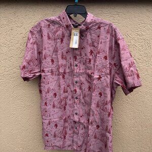Eddie Bauer Men’s Short Sleeve Button Up Shirt Bigfoot Sasquatch Print Pink